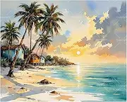 Ocean Paint by Numbers Kit for Adults - DIY Seaside Village with Palm Trees at Sunrise Painting on Canvas 16x20 Inches, Acrylic Paint Set,Suitable for Beginners,Art for Home Decoration/Gifts