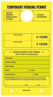 Temp Parking Permit-Mirror Tags, Cnsc Num, Stub, 7-3/4" x 4-1/4", Yellow- 50-pk