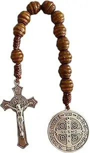 [Bovemee] Saint Benedict Medal Prayer Pocket Rosary Catholic Brown Wood Beads with Medalla de san benitol and Crucifix, 9 Inch(Silver)