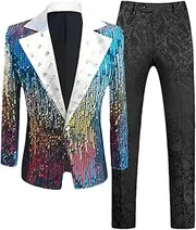 [Zadaos] Men Sequin Suit (Jacket + Pant) Wedding Party Stage Performance Dress Blazers Trouser B Asian XXL (EUR M)