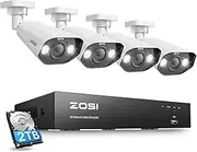 ZOSI 4K POE Home Security Camera System with AI Person Vehicle Detection, H.265+ 8MP 8CH NVR with Massive 2TB HDD, 4pcs 3K 5MP PoE IP Bullet Cameras Outdoor, 2 Way Audio, Color Night Vision