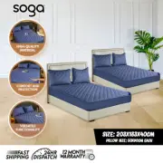 SOGA 2X 183cm Blue Cross Hatch Quilted Mattress Sheet Bed Sheet W/ Pillow Cover