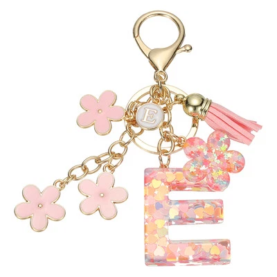 Alphabet E Tassel Cherry Blossom Initial Letter Keychain (Pink, Pack of 1)