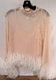 Asos Women's Embellished Top Sheer Beaded And Fringe Trim Size 10 Key Hole Neck