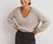 Boden Ivory Sparkle Ribbed Fluffy V-Neck Jumper Sweater Wool Blend 8 Medium NEW