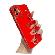 Caseative for iPhone 11 Case,Cute Plating Love Heart Wrist Strap Chain Red