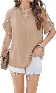 [Zylphorix] Women Casual Short Lotus Leaf Sleeve T Shirt Loose V Collar Shirts for Party Date Summer Fashion Basic Tee Tops
