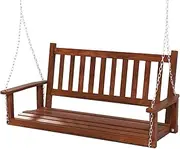 Costway 2-Person Wooden Outdoor Porch Swing, Heavy Duty Patio Hanging Bench Chair w/ 230 KG Weight Capacity, 170 CM Adjustable Upper Chains, Slatted Back, Swing Bench for Garden, Backyard (Brown)