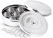 KSJONE Masala Dabba Double Lid Spice Container with 7 Compartments and 7 Spoons, Masala Box, Spice Container Box, Stainless Steel Spice Jar Indian with Double Lid, 18 cm