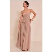 Taupe Textured Woven Ruched Detail Dropped Hem Maxi Dress, Taupe