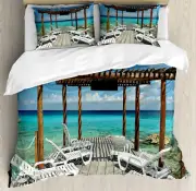 Summer Duvet Cover Set with Pillow Shams Sunbeds SeaSunbeds Print