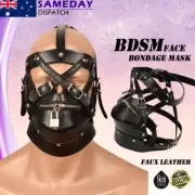 BDSM Faux Leather Bondage Hood - Slave Head Mask with Mouth Restraint Fetish Kit
