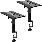VIVO Clamp-on Speaker Stand Desk Mount Set, 10 x 9 inch Trays, Height Adjustment and Tilt, Universal Audio Holders for Computer and Bookshelf Speakers, Elevated Sound, 2 Pack, Black, MOUNT-SP01CB