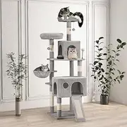 Petzly Cat Tower, 164CM Climbing Structure for Large Cats, Multi-Level Cat Activity Furniture with Hammock, Two Condos, and Five Natural Sisal Scratching Poles, Light Grey