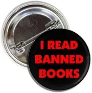 [Lunch Money] I Read Banned Books Funny Round Button Badge with Locking Pin Back Black with Red Letters, Metal