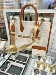 Michael Kors Mirella MD EW Crossbody Tote Bag+ Zip Card Case Wallet (Vanilla)