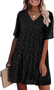 [KIRUNDO] Summer Women’s Short Sleeves Mini Dress Sexy V Neck Flowy Casual Dress Swiss Dot Short Loose Fit Plus Size Dress
