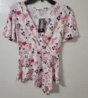 W Doublju Womens V-Neck Size S Asymmetrical Hem Floral White Pink Blue Top NWT