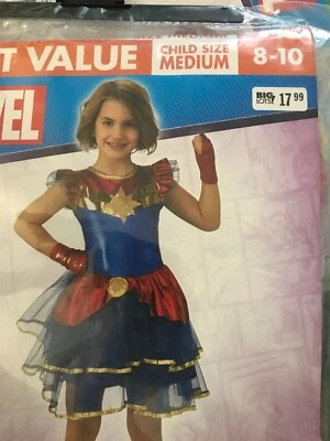 New Marvel Comics Captain Marvel Child Costume Sz M 8-10 Tu-Tu Dress & Glovelets