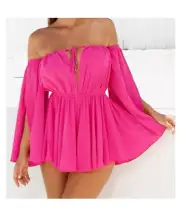 Oh Polly - Pleat Wave Bardot Off The Shoulder Playsuit - Hot Pink - UK 6