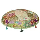Ethnic Round Floor Cushion Cover Vintage Patchwork Green 40x40 Cotton Foot Stool