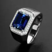 3CT Emerald Cut Sapphire Diamond Men's Engagement Wedding Ring 14K White Gold FN