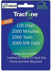 TracFone 120 Days 2000Mins/2000Texts/2000MB Data, Direct Refill, Number Required