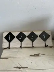 Rae Dunn Wooden Wall Hanging with 4 Numbered Hooks Coat Sweater Rack 14”x5”