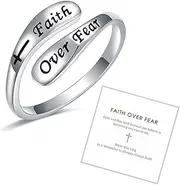 [DIOWUS] Trust God Cross Ring For Women, Silver Faith Over Fear Inspirational Rings Christian Adjustable Encouragement Thumb Jewelry To Daughter Granddaughter Gift