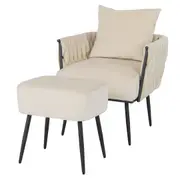 Costway Modern Velvet Accent Chair Ottoman Leisure Sofa Armchair w/Pillow & Footrest White