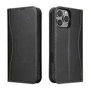 For iPhone 16 Pro Max Case Fierre Shann Genuine Leather Wallet Cover Black
