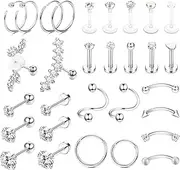 [Kakonia] 30Pcs Helix Cartilage Earrings Silver/Gold Surgical Steel Tragus Earrings Stud Hoop Set FlatBack Labret Monroe Medusa Piercing Stud Tragus Conch Helix Piercing Jewellery for Women