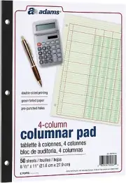 Columnar Analysis Pad 4 Column Ledger 8.5" x 11", 100 Pages 50 Sheets, Green