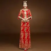 [SMDSAZ] Red Wedding Dress Traditional Chinese Qipao National Costume Womens Overseas New China Style Bride Embroidery Cheongsam S-XXL (Color : Womens - 1, Size : L)