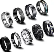 [Ormromra] 9 Piece Stainless Steel Rings Set, Black Spinner Rings for Men Women, Black Matt Finish Polished Band Ring, Fidget Spinner Ring, Vintage Signet Ring, Cool Band Ring, Ring for Men Women Jewellery,