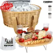 Wicker Picnic Basket Set for 4 with Mini Folding Wine Picnic Table & Large Insul