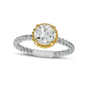 7.0mm White Topaz Solitaire Rope-Textured Frame and Shank Ring in Sterling Silver and Solid 10K Yellow Gold