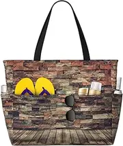 [Ghjkfbf] Brick Wall Print Large Capacity Beach Travel Bag For Family, Beach Tote Bag For Women With Zipper Pockets, Black, One Size