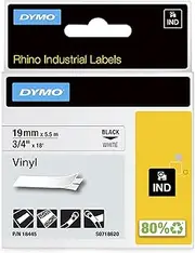 DYMO Rhino Vinyl Industrial Labels, 19 mm x 5.5 m Roll, Black Print on White, Self-Adhesive, 18445