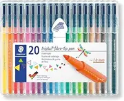 STAEDTLER Triplus Fibre Tip Pens 20 Pack, Assorted Colours, 323 SB20, DRY SAFE, Water-Based Ink, Washes Easily Out Of Most Textiles, PP barrel And Cap Guarantee Long Service Life, Stand-Up Box