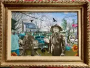 MIKE METZGER ORIGINAL COLLAGE "OLD CHEVYS" FRAMED