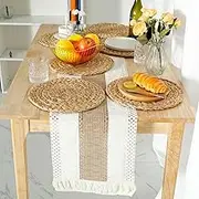 7 Pcs Table Runner and Placemats Set 71inch Long Table Runner 11.8inch Woven Placemat Rustic Table Runner with Tassels Water Hyacinth Round Placemat for Dining Table Kitchen
