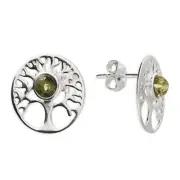 Earring Green Amber Round 'Tree of Life' Stud Sterling Silver