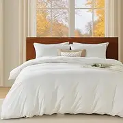 [LINENOVA] 100% Cotton Quilt Cover Set Queen – 3 Pieces Vintage Washed Duvet Cover with Pillowcases, Ultra Soft & Breathable, All Season Bedding - Natural White