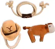 design LAB, Inc. Official Yellowstone Merchandise | Indoor Dog Toy Bundle Variety Gift Set | Lasso Rope, Plush Squeaky Brown Cow, and Cowboy Hat with Tug Rope