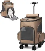 Wheeled Pet Carrier Backpack,Breathable Pet Carrier with Wheels,Comfort Cat Backpack with Removable Rolling Wheels for Small Dogs Cats Puppies,Khaki