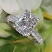 3.40 Ct Radiant-Cut Moissanite Hidden Halo Engagement Ring 14K White Gold Plated