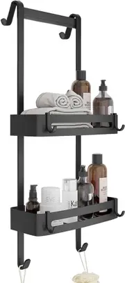 2-Tier Overdoor Shower Caddy with Hooks and Suction Cups - Rustproof Aluminum, Black