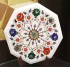 Floral Art Inlay Work Side Table for Office Deco White Marble Coffee Table Top