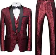 [JEShifangjiusu] Men's 3 Piece Suit Jacket Floral Tuxedo Jacket Classic One Button Slim Fit Tuxedo Blazer for Wedding,Party,Prom, Red, 5XL